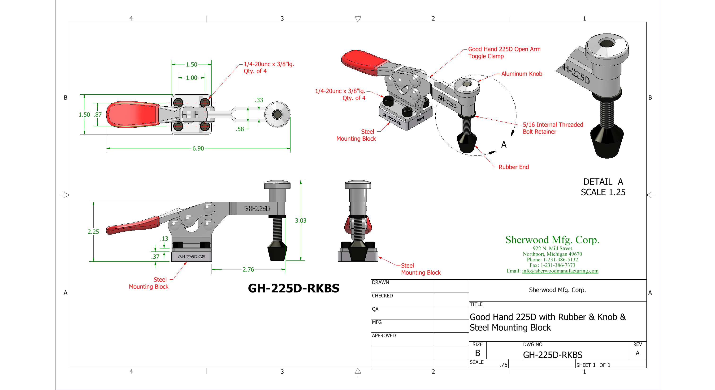 Good Hand 225DInternal Threaded Bolt Retainer Rubber Spindle Aluminum Nob on a Mounting Block